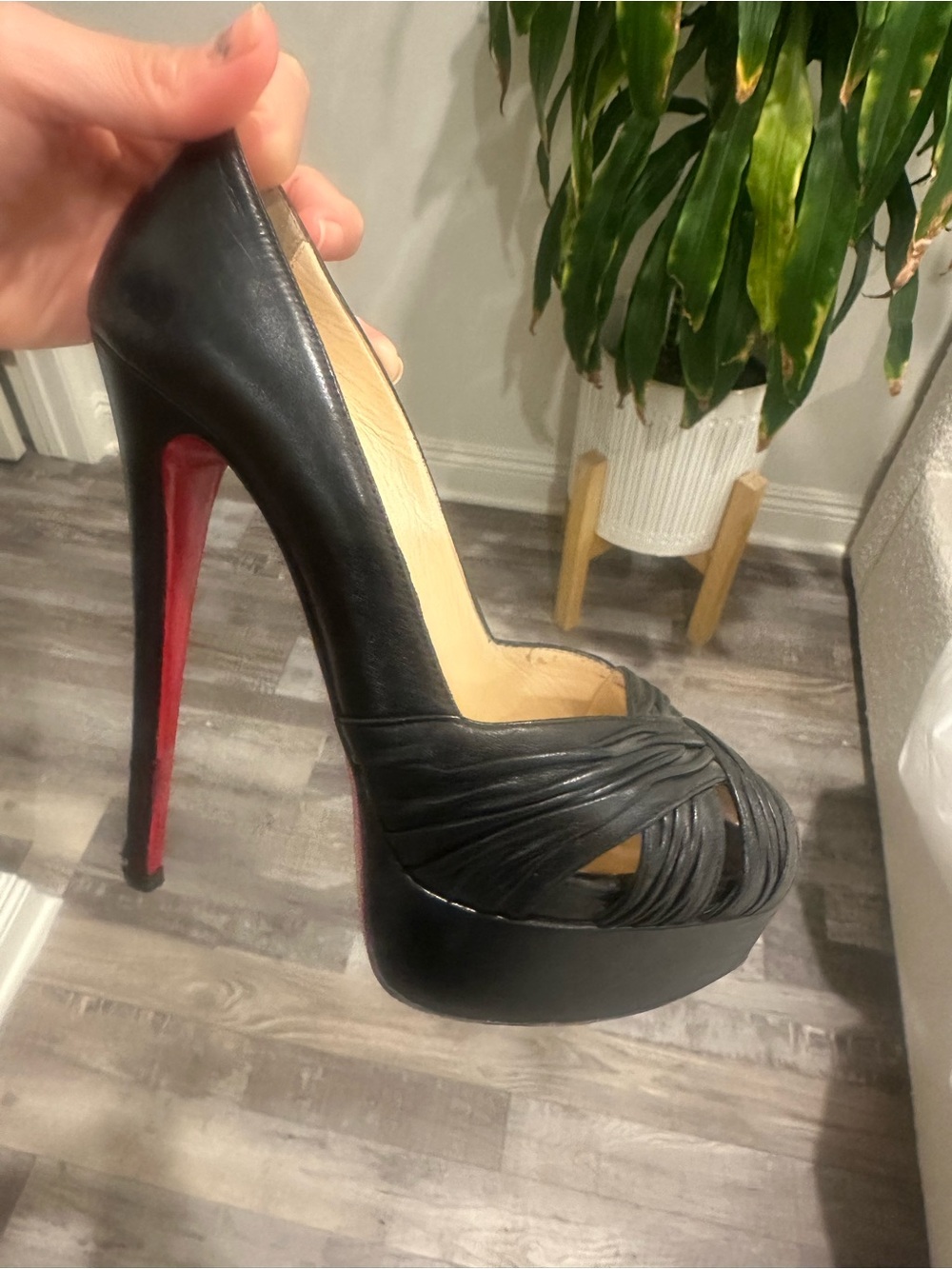 Christian Louboutin Black Leather Platform Peep-Toe with Red Sole